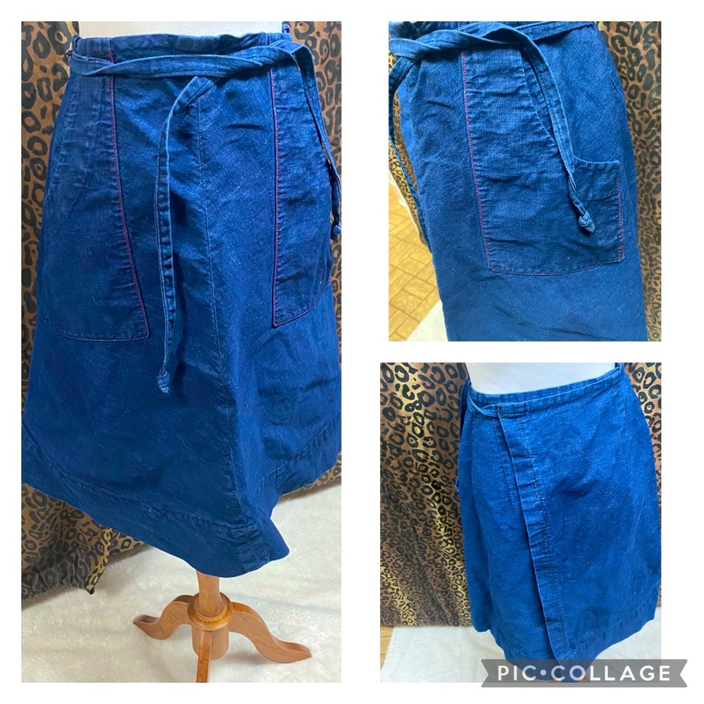 Vintage denim wrap skirt with red pocket stitching